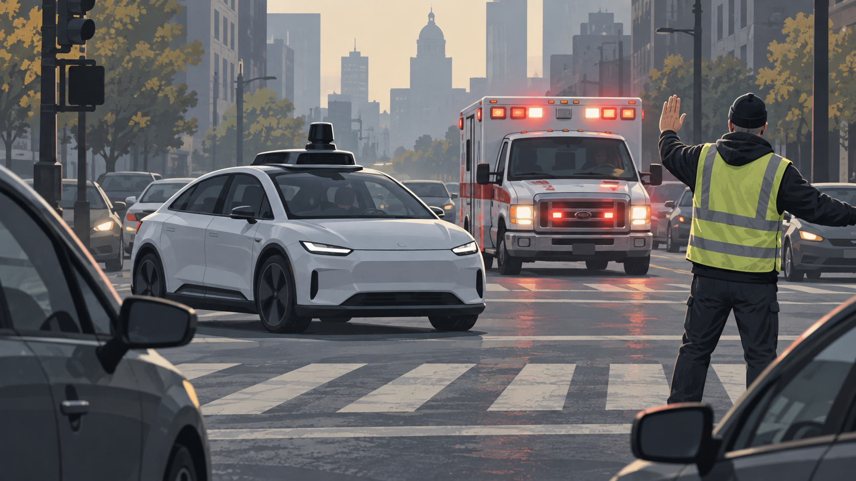 Conceptual illustration of a sensor-equipped car, an ambulance and a person raising a hand in city traffic